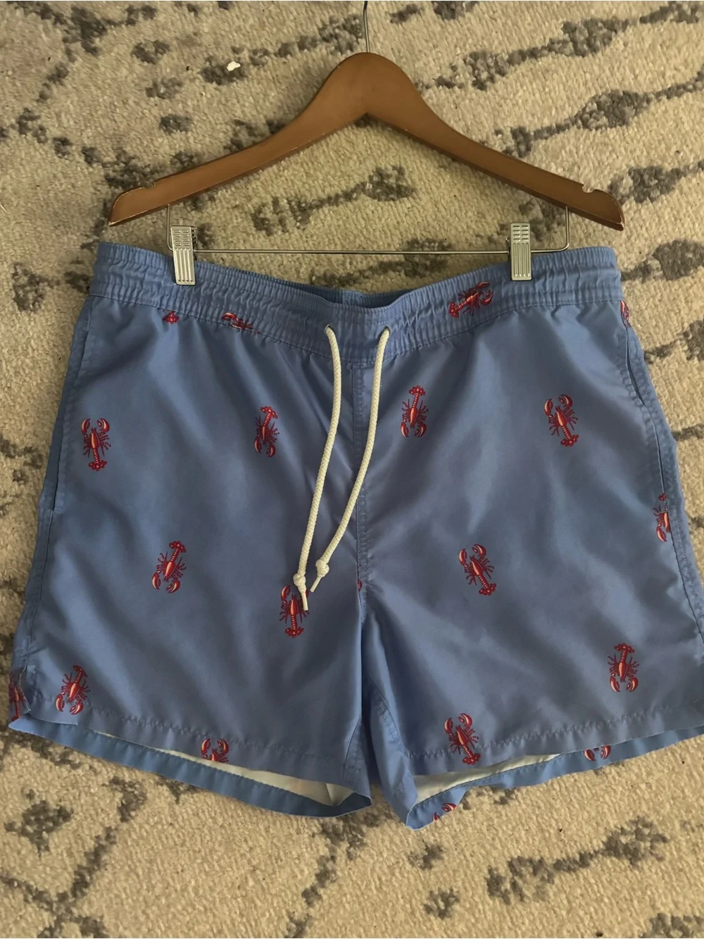 J. Crew Light Blue Swim Trunks with Red Lobster Embroidery